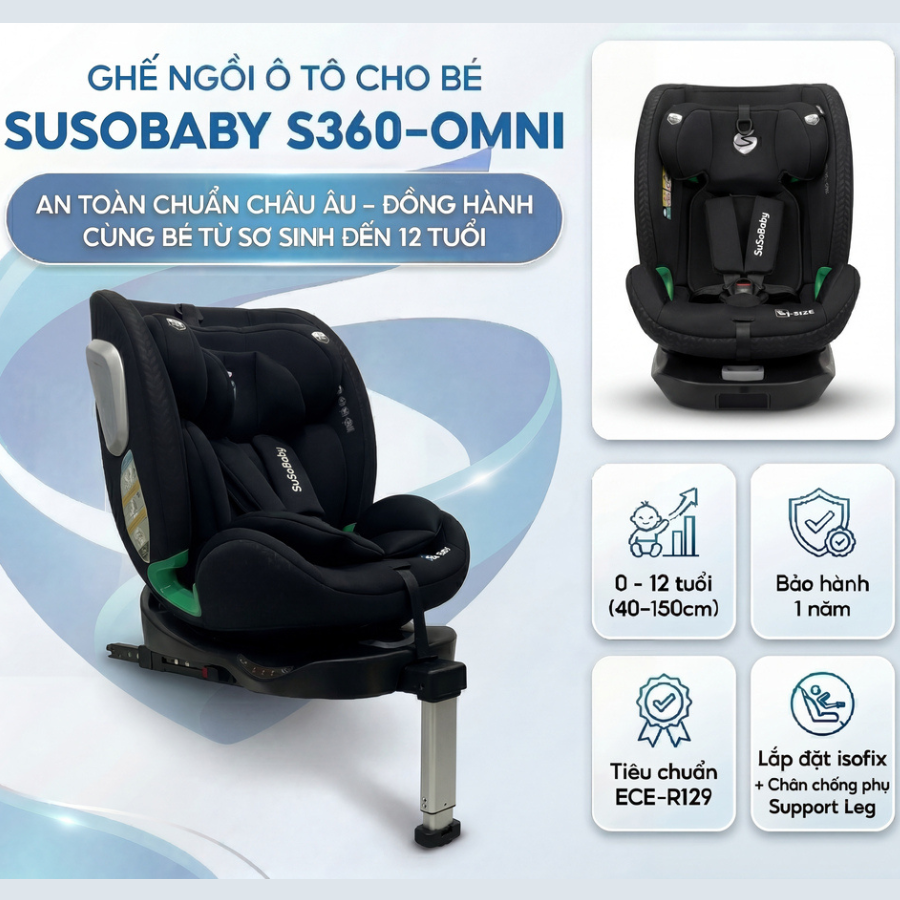 Ghế ngồi ô tô trẻ em SuSoBaby S360-OMNI cao cấp xoay 360 độ